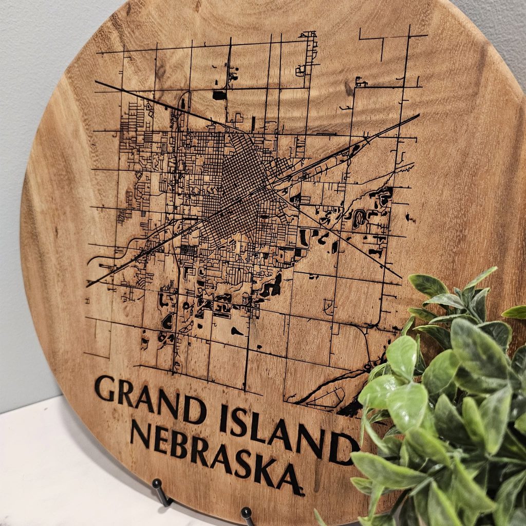 Custom engraving in Grand Island, NE - engraved wood map sign of Grand Island, Nebraska